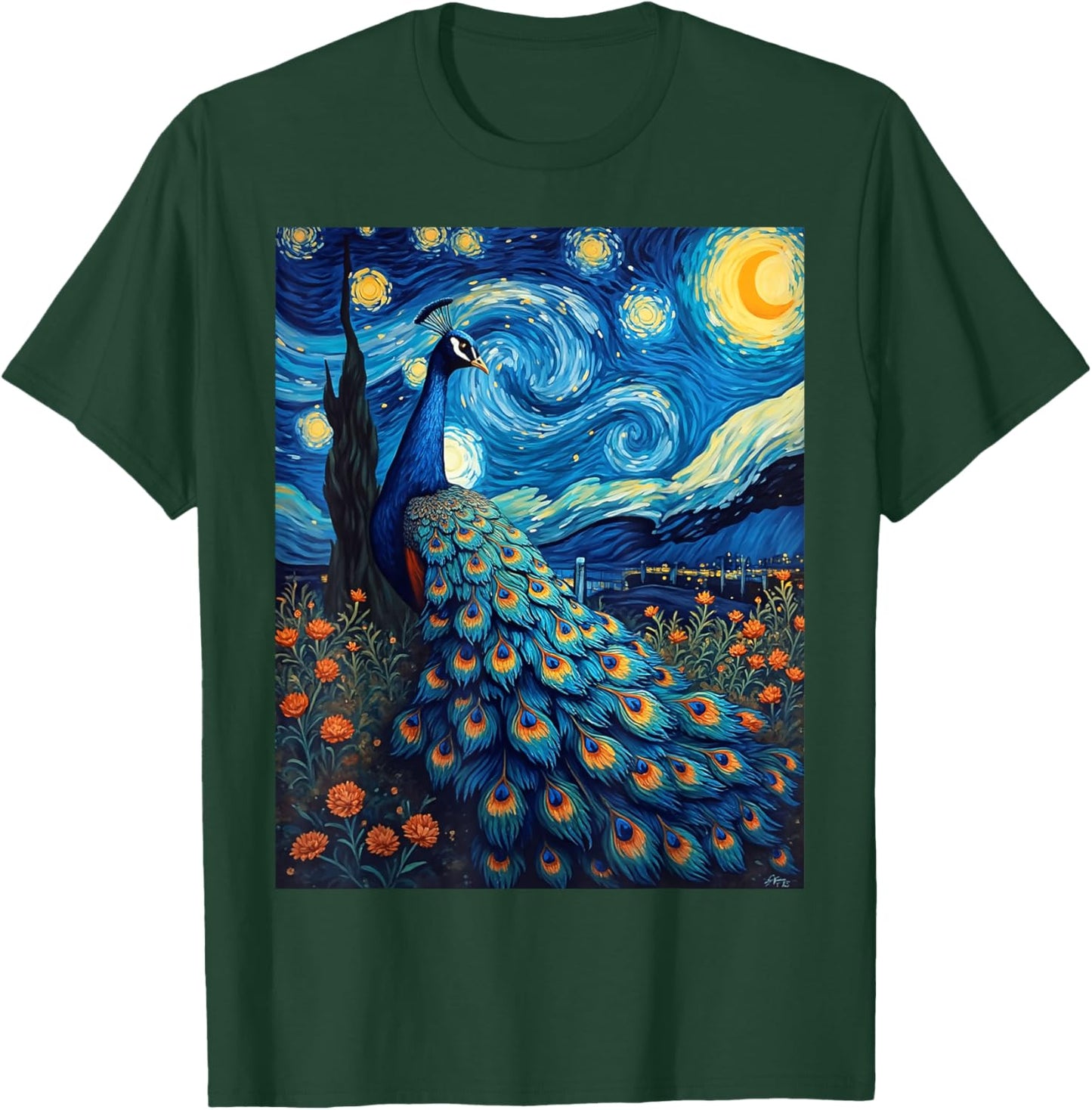 Van Gogh's Starry Night Peacock Royal Feather Animal Lovers T-Shirt - T-Shirt | Forest
