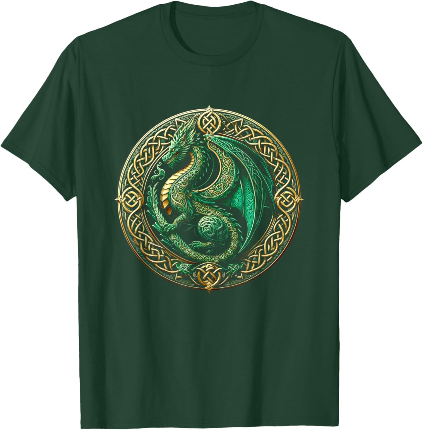 Tribal Irish Green Celtic Knot Fantasy Celtic Dragon Cottage T-Shirt - T-Shirt | Forest