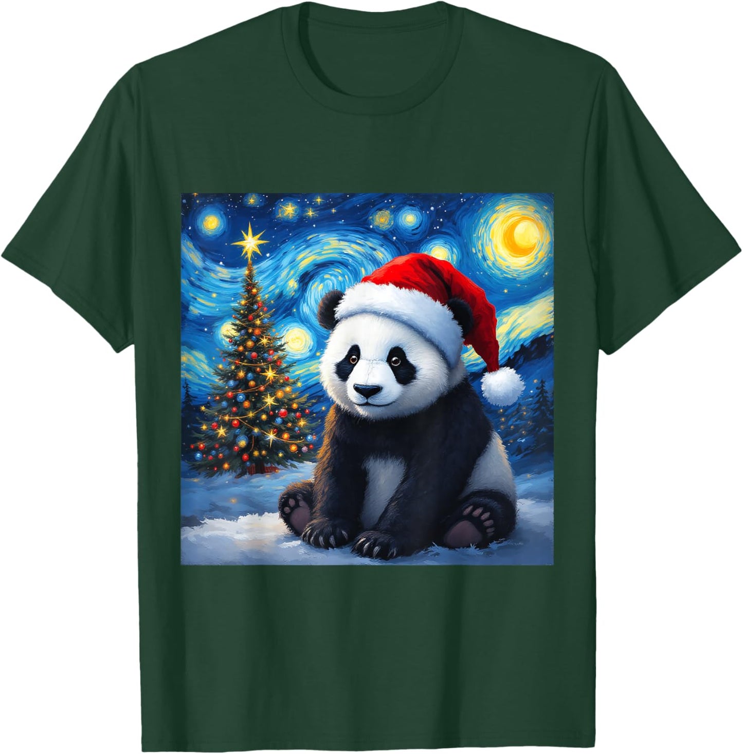 Christmas Panda Santa Hat Van Gogh Starry Night Holiday T-Shirt - T-Shirt | Forest