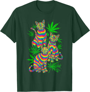 Psychedelic Cats Trippy Marijuana Pot Leaf Weed Cannabis 420 T-Shirt - T-Shirt | Forest