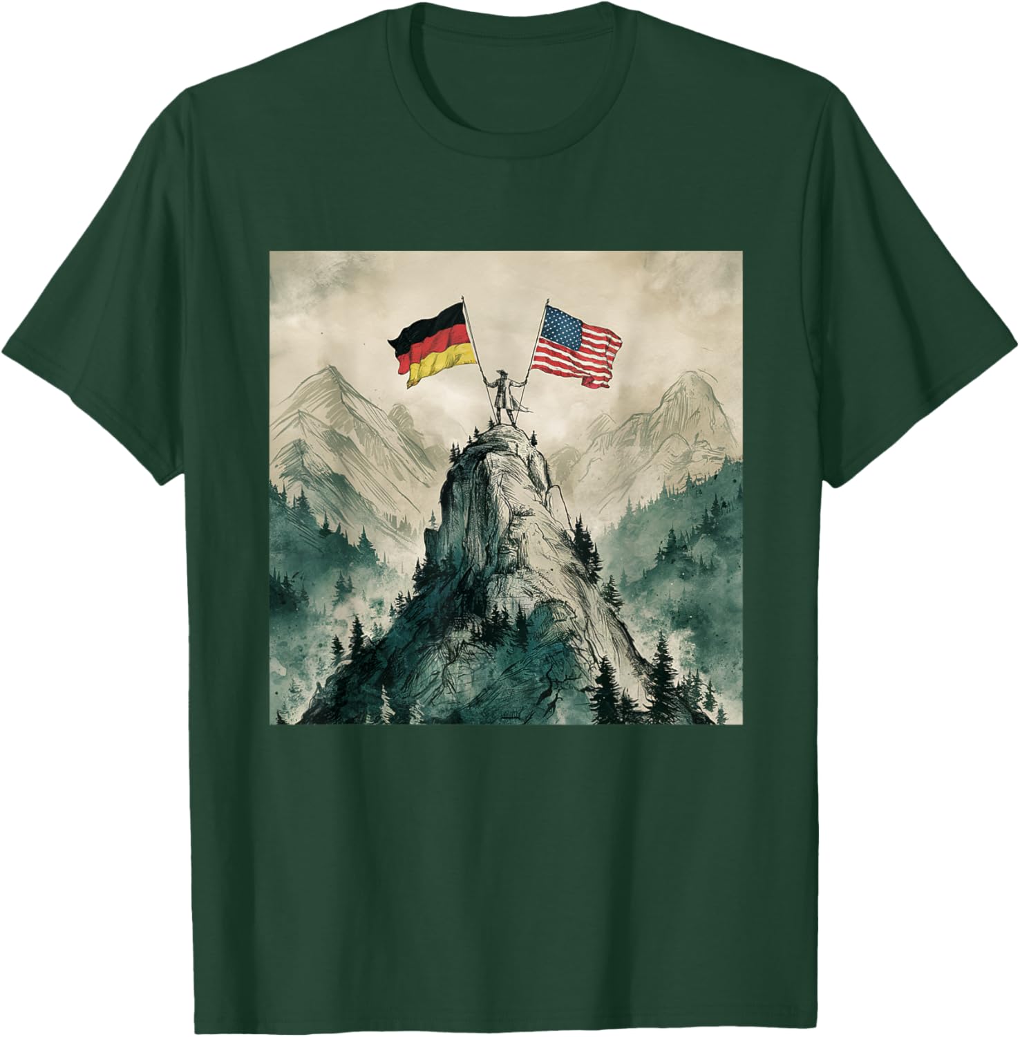 USA and Germany Flags - Historic Mountaintop Victory T-Shirt - T-Shirt | Forest