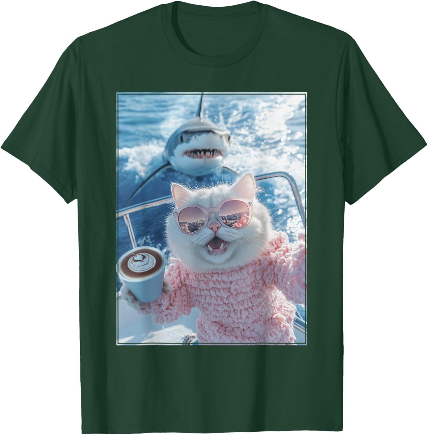 Cat with Sunglasses and Coffee on Yacht Boat Shark Cat Meme T-Shirt - T-Shirt | Forest
