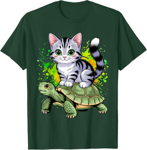 Cat Riding Turtle Lover Men Women Girls Kids T-Shirt - T-Shirt | Forest