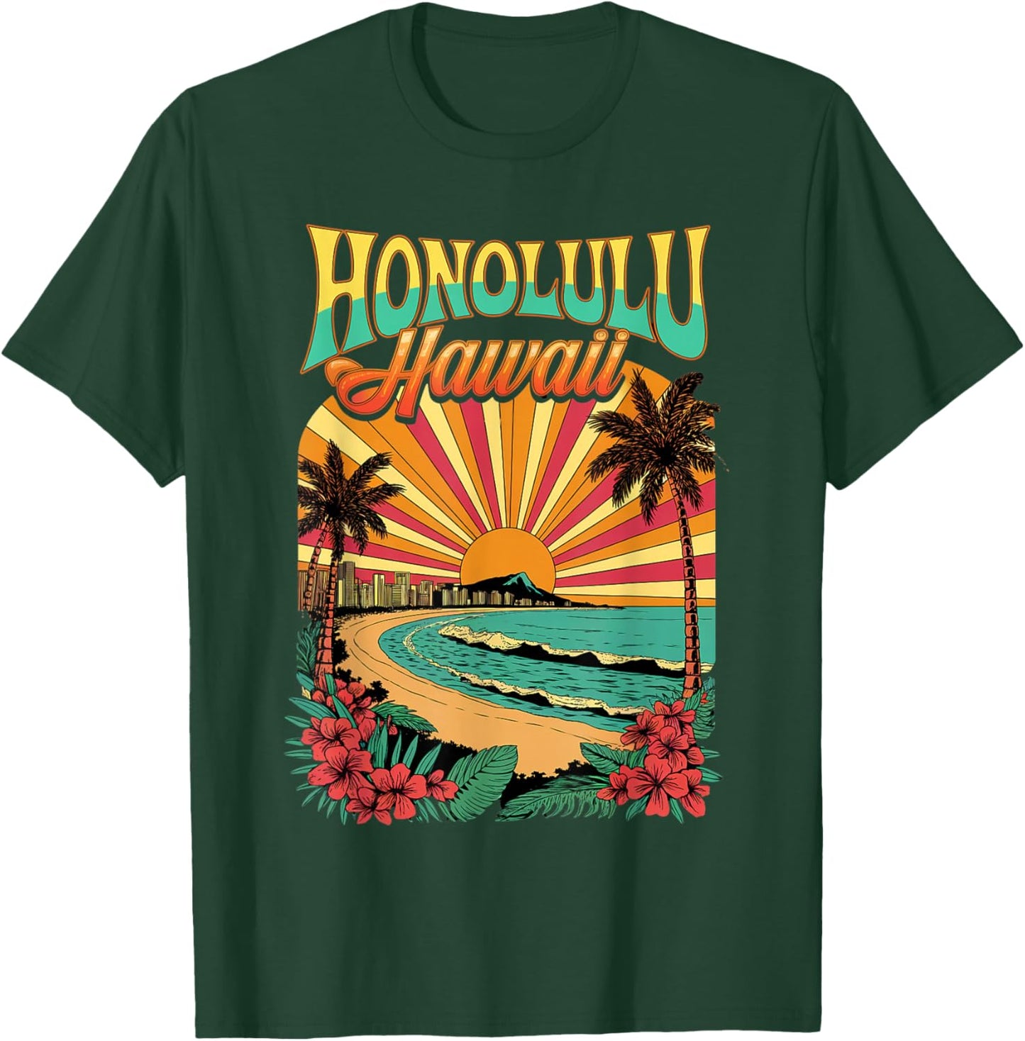 Vibrant Vintage Honolulu Hawaii Skyline Sunset Retro T-Shirt - T-Shirt | Forest
