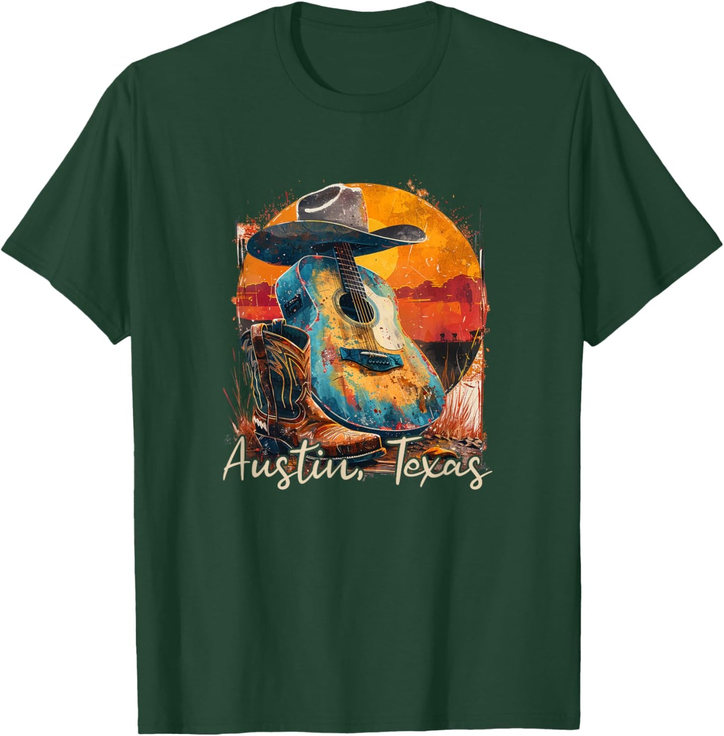 Austin Texas TX | Guitar Musician Cowboy T-Shirt - T-Shirt | Forest