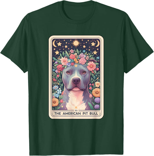 Pitbull Dog Floral Boho Flowers Tarot Card T-Shirt - T-Shirt | Forest