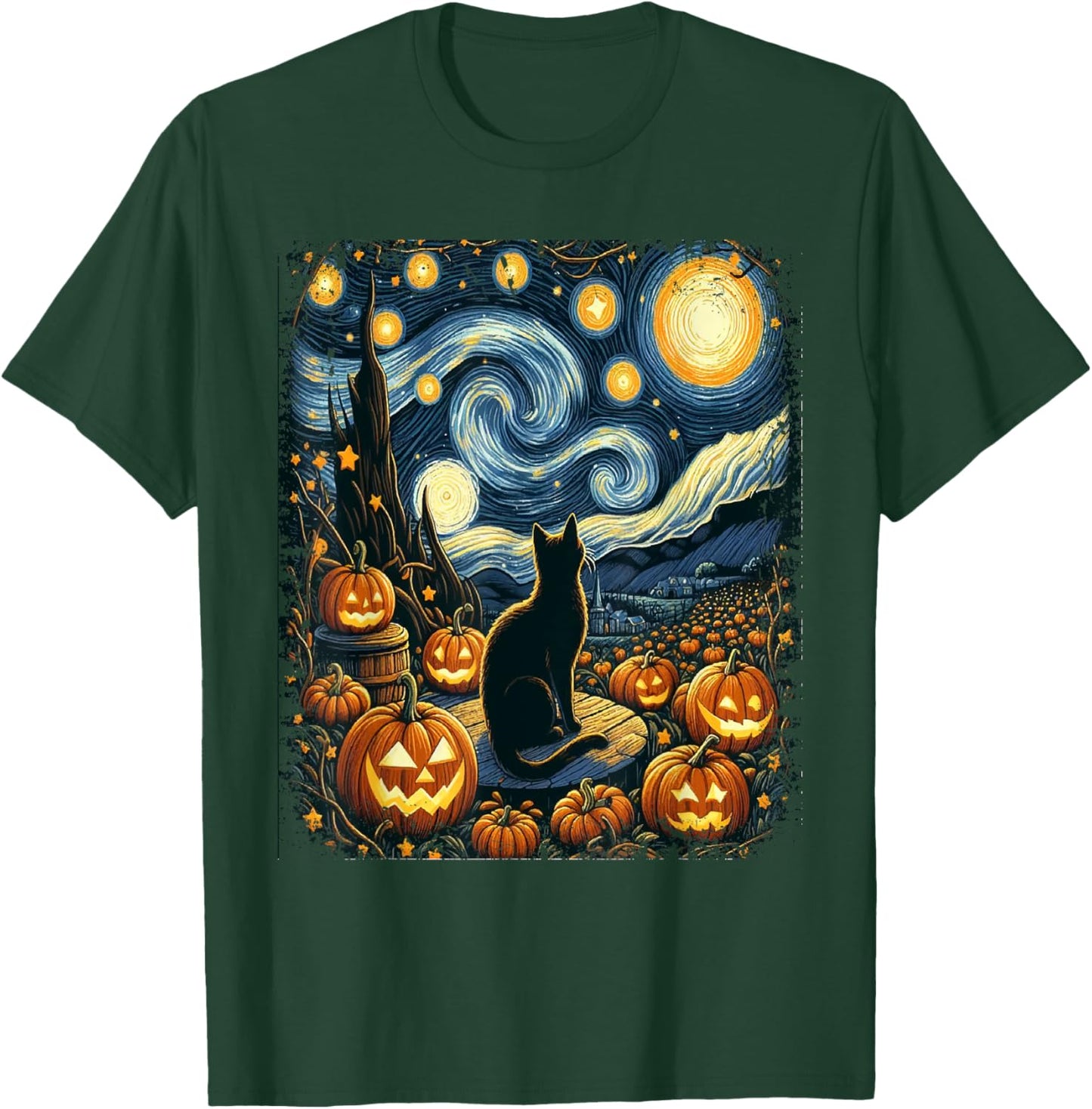 Halloween Van Gogh Starry Night Black Cat Pumpkins Men Women Kids T-Shirt - T-Shirt | Forest