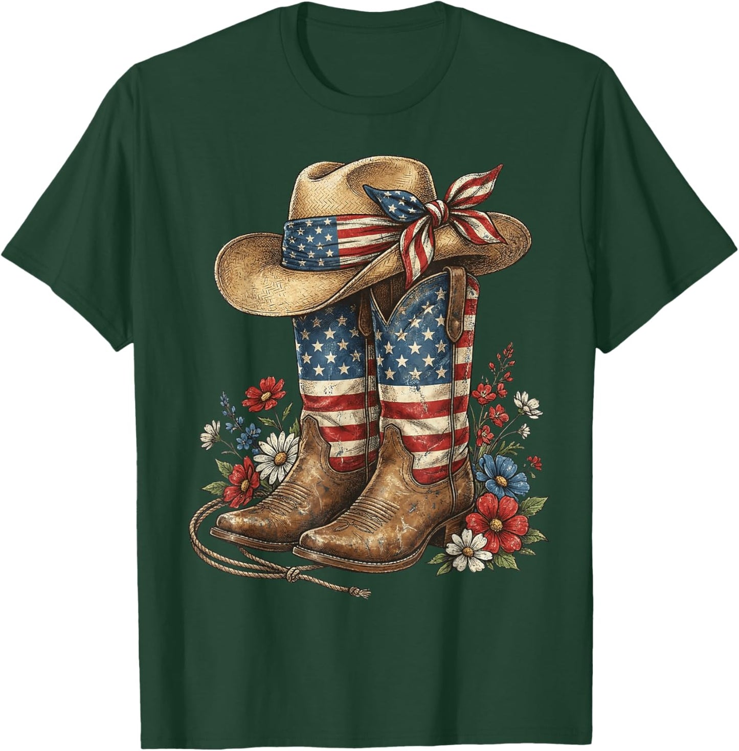Western Cowboy Boots USA Flag 4th of July Patriotic Cowgirl T-Shirt - T-Shirt | Forest