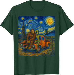 Starry Night Bigfoot & Alien Van Gogh Art Inspired T-Shirt - T-Shirt | Forest