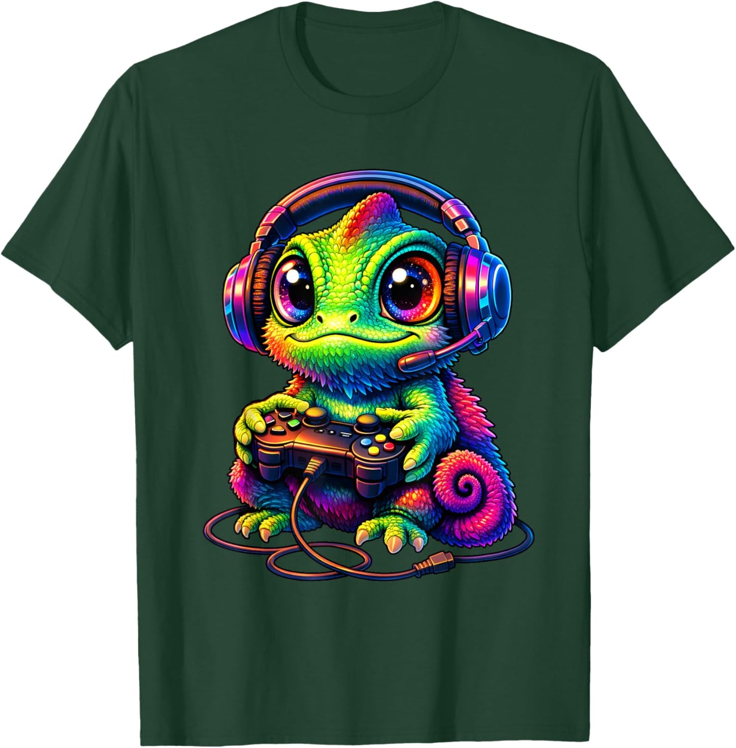 Gaming Chameleon with Headset Boys Teen Men Girls Funny Gift T-Shirt - T-Shirt | Forest