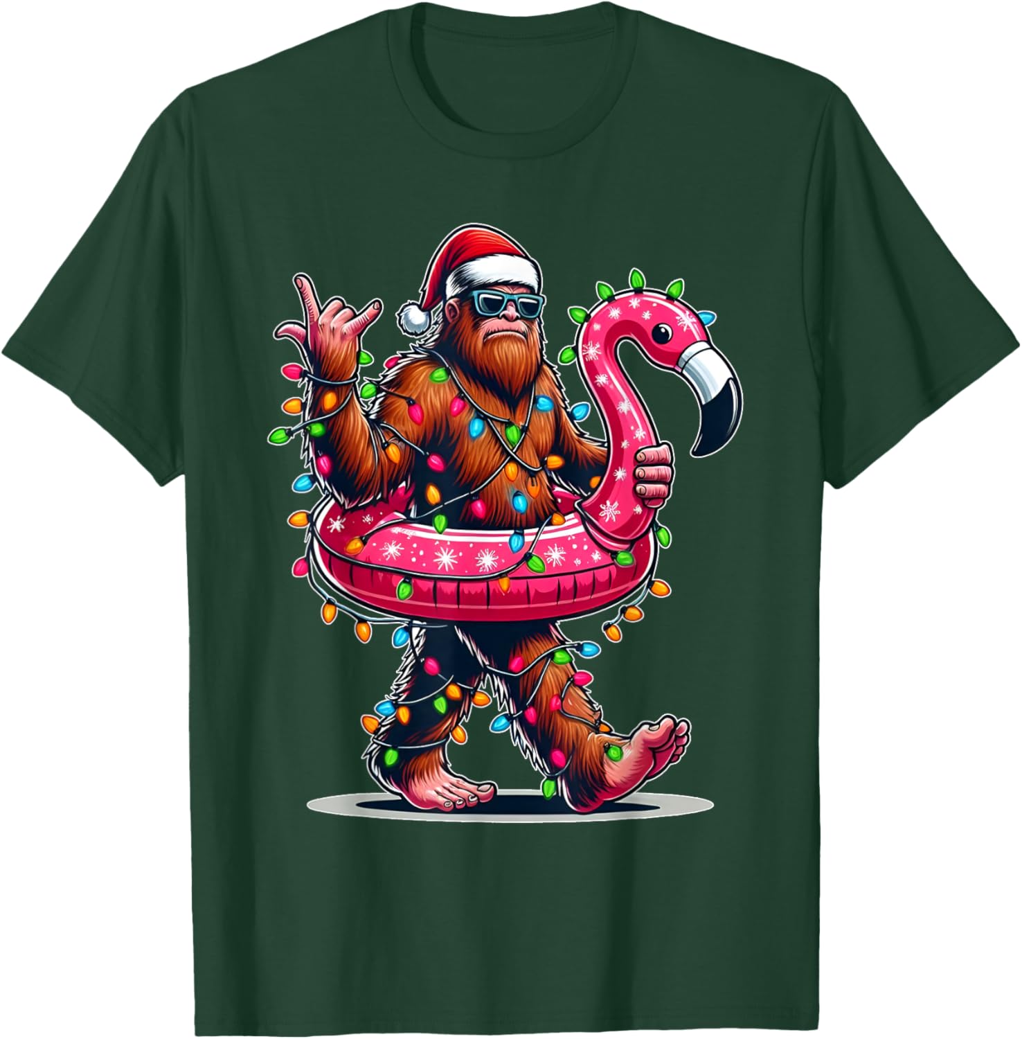 Santa Bigfoot Flamingo Christmas Light Funny Rock Sasquatch T-Shirt - T-Shirt | Forest