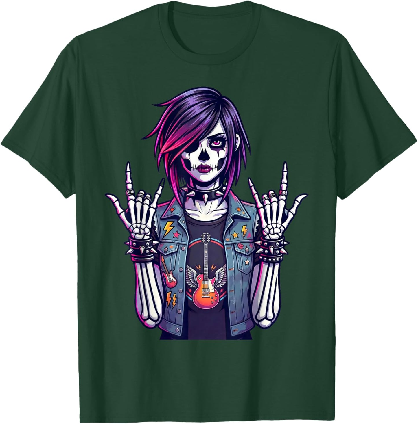 Goth Skeleton Girl Rock Guitar Punk Skull Art Rock'n Roll T-Shirt - T-Shirt | Forest