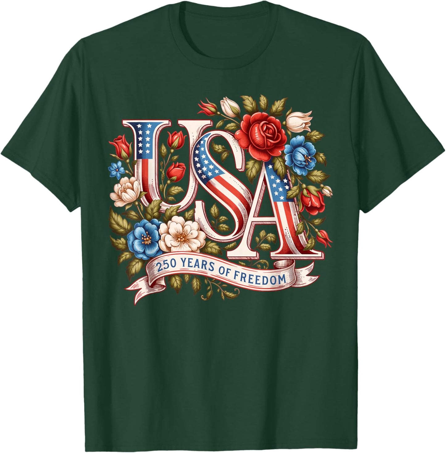 Pretty USA 250 Years American Flag Girly Floral Girls Women T-Shirt - T-Shirt | Forest