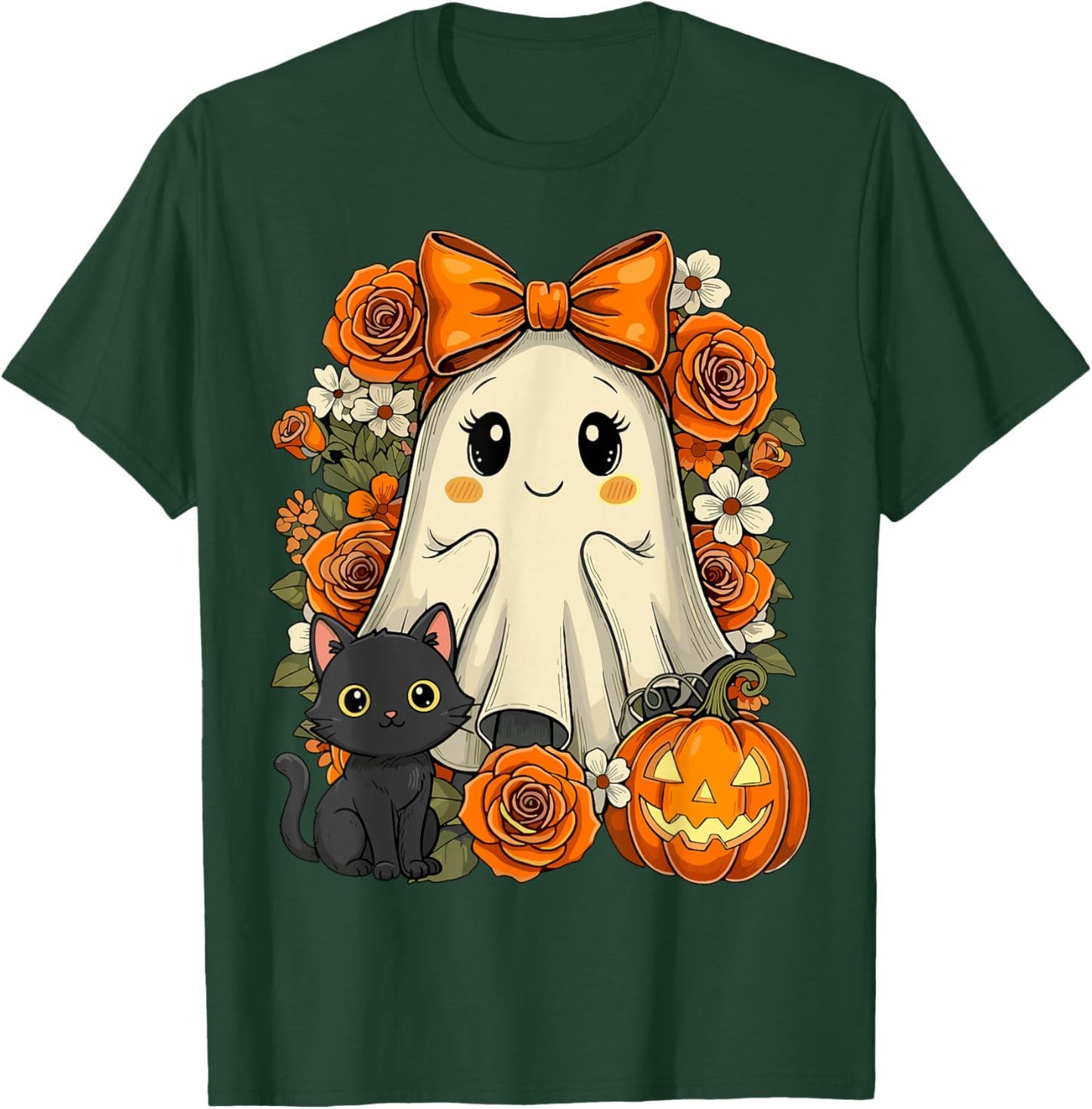 Kawaii Ghost Cat Pumpkin Floral Halloween T-Shirt - T-Shirt | Forest