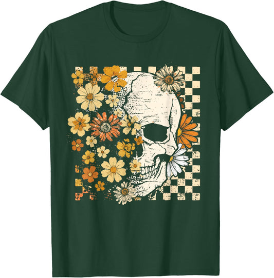Vintage Skull Flower Halloween Fall Thankgiving Costume T-Shirt - T-Shirt | Forest