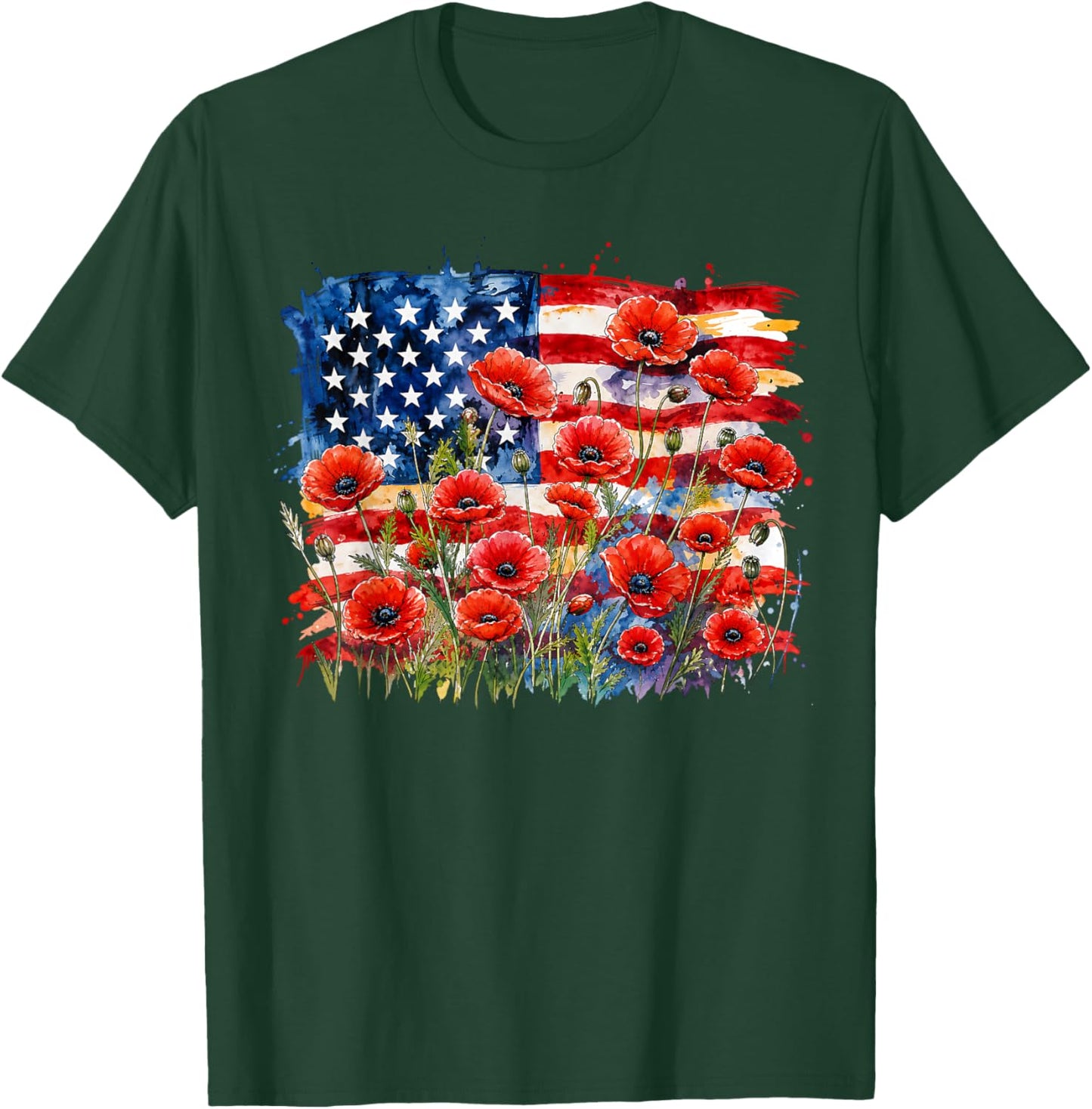 Red Poppy Flower American Flag Memorial Day Poppies T-Shirt - T-Shirt | Forest