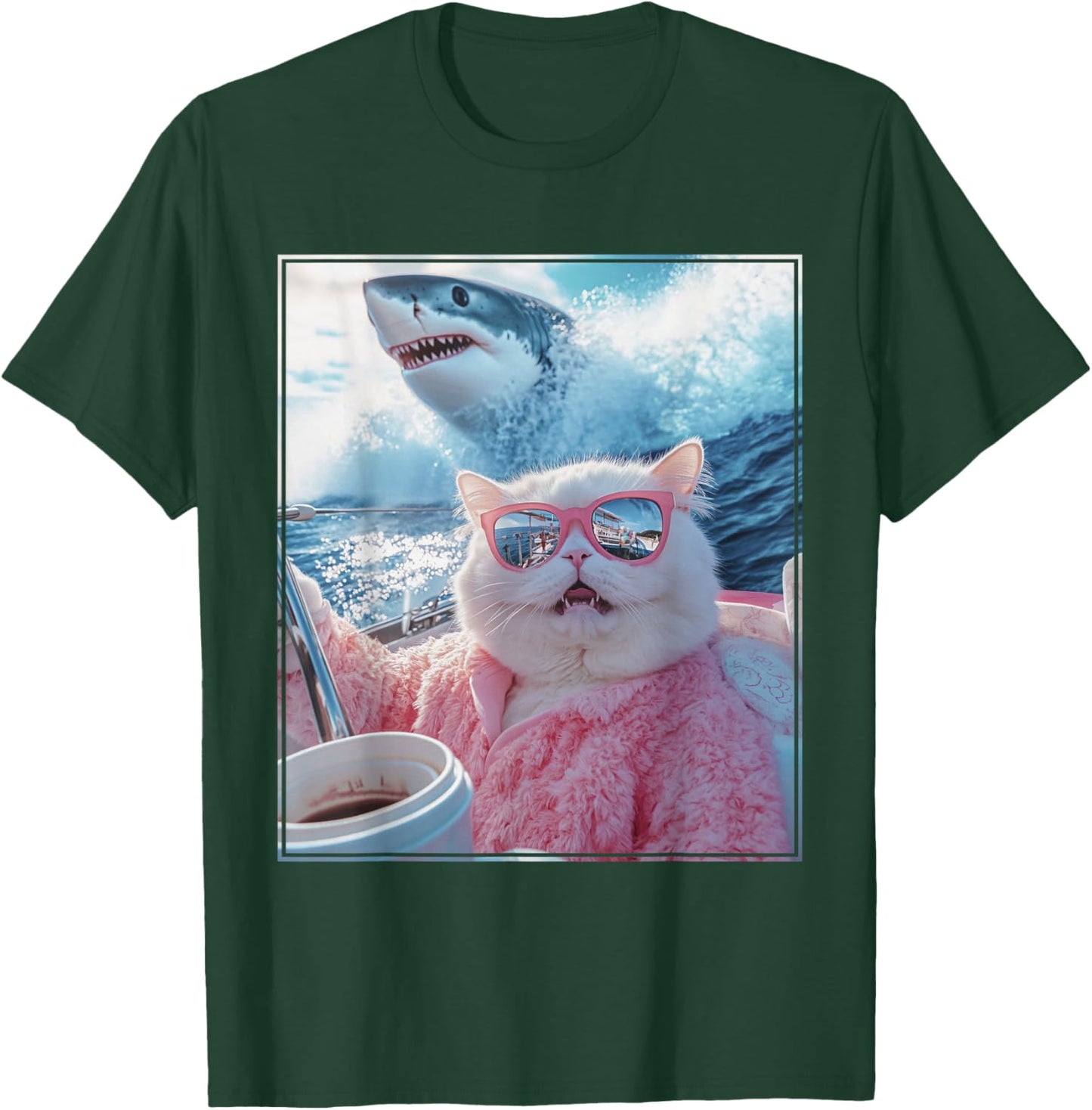 Funny Cat Shark Meme Selfie Cat on a Yacht Boat Men Women Kids T-Shirt - T-Shirt | Forest