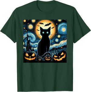 Halloween Starry Night Black Cat Van Gogh Halloween Cat Women Kids T-Shirt - T-Shirt | Forest