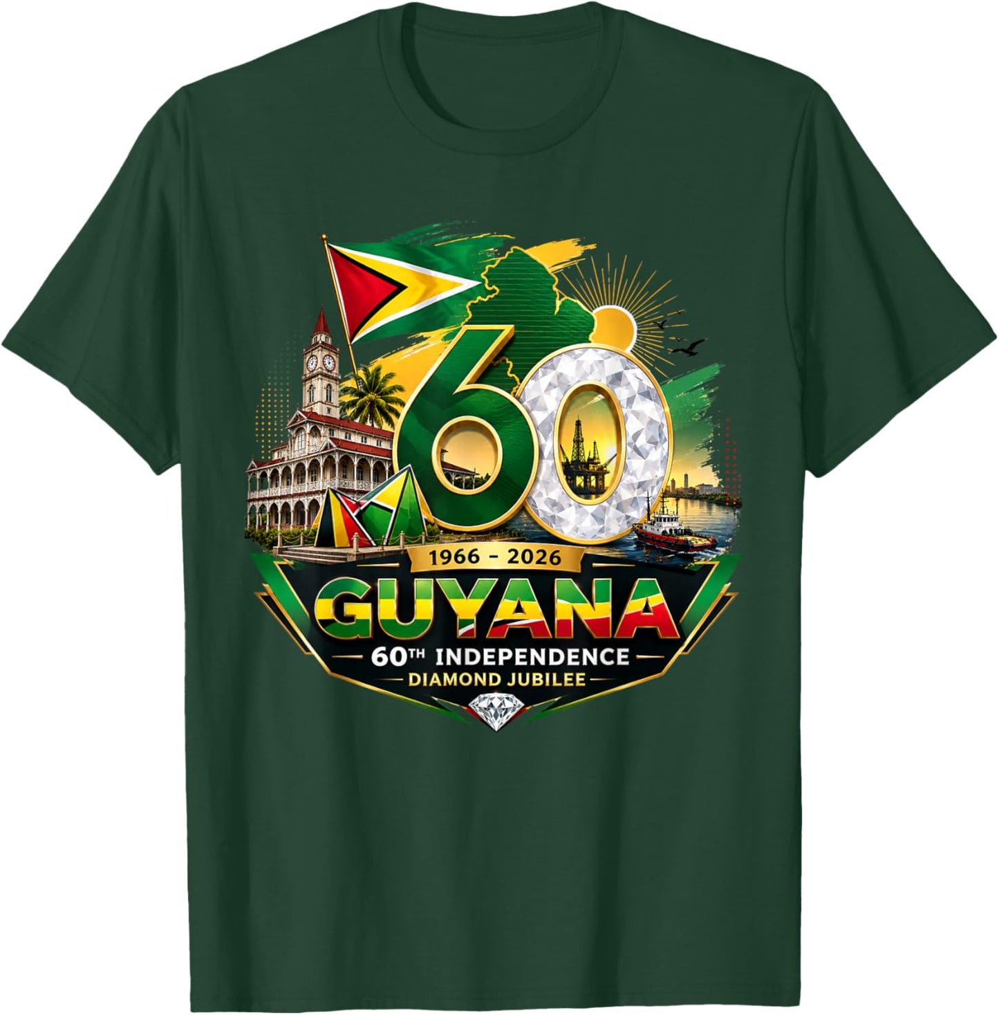 Celebrating 60 Years of Independence Guyana Diamond Jubilee T-Shirt - T-Shirt | Forest