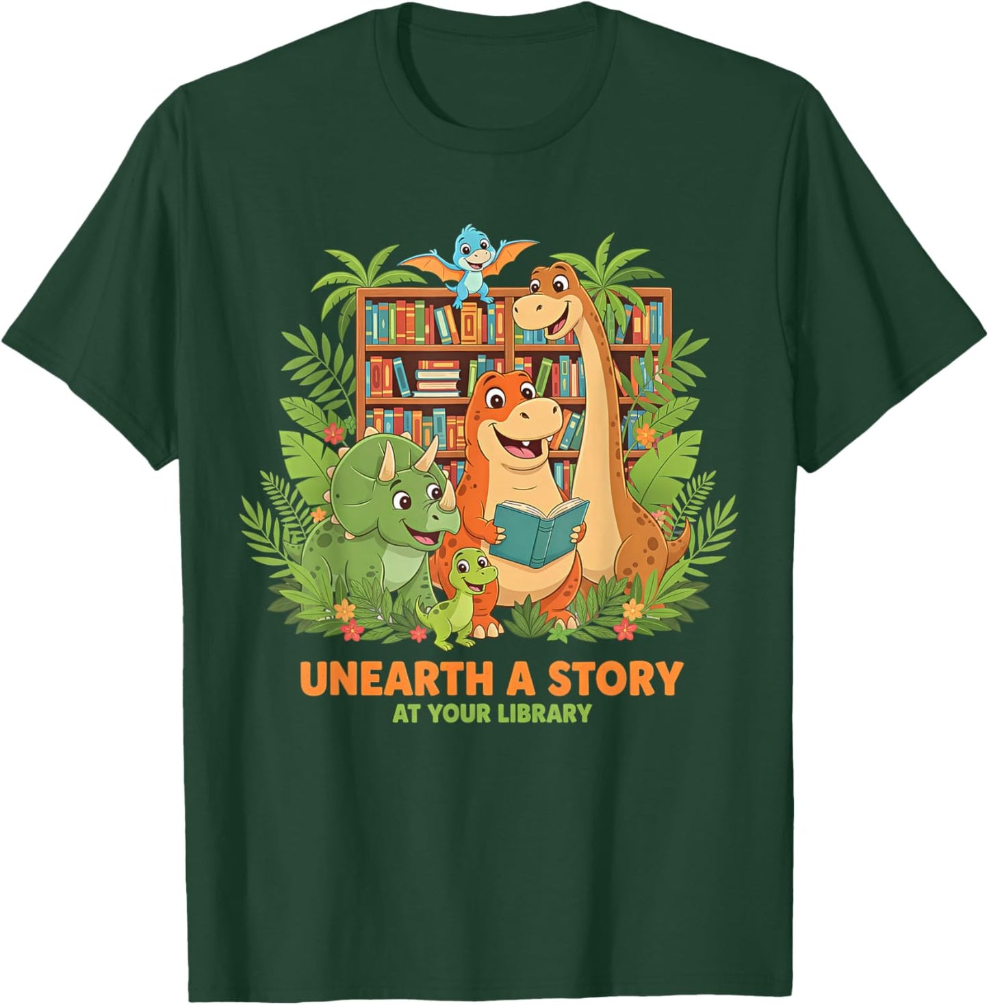Unearth A Story Dinosaur Library Reading Kids Design T-Shirt - T-Shirt | Forest