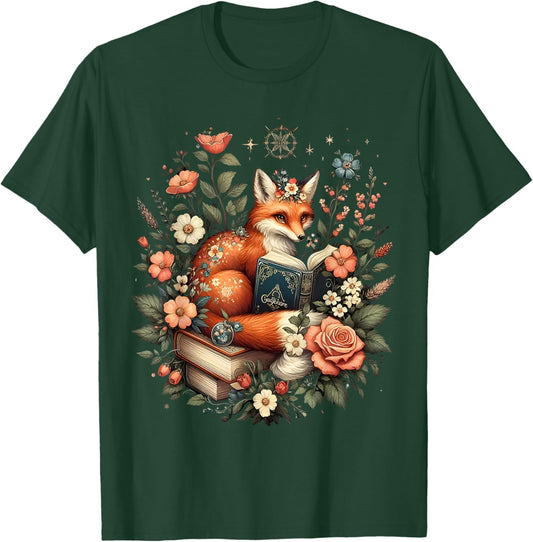 Cute Floral Fox Reading Book Cottagecore Fairycore Aesthetic T-Shirt - T-Shirt | Forest