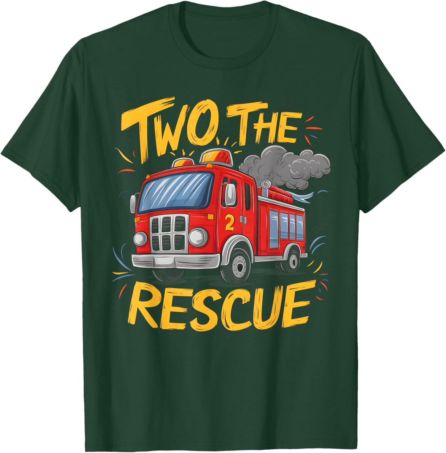 Two The Rescue Firetruck 2 Yr old boy 2nd Birthday Party T-Shirt - T-Shirt | Forest