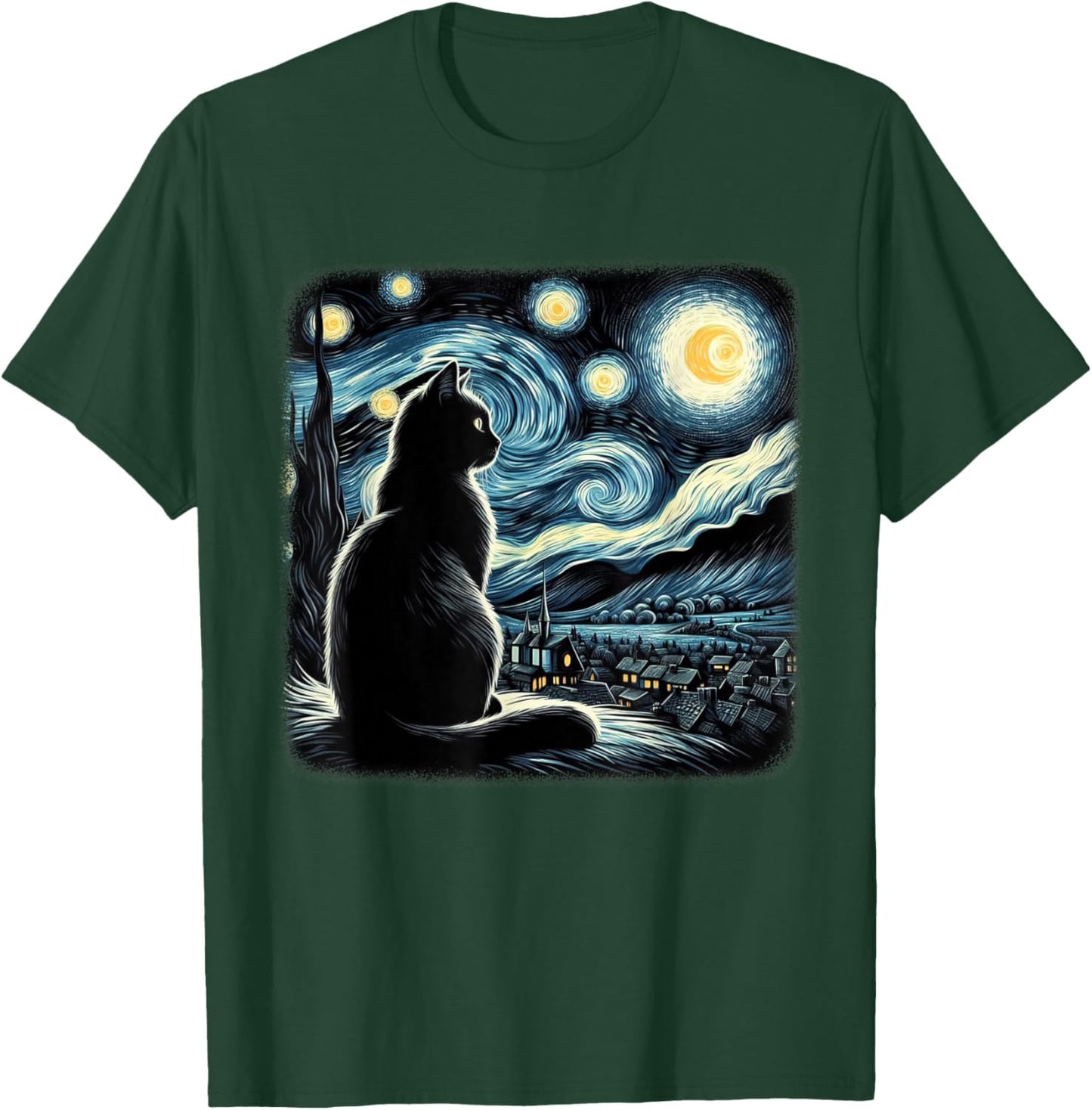 Van Gogh Starry Night Cat Art For Cat Lovers Cat Mom Cat Dad T-Shirt - T-Shirt | Forest