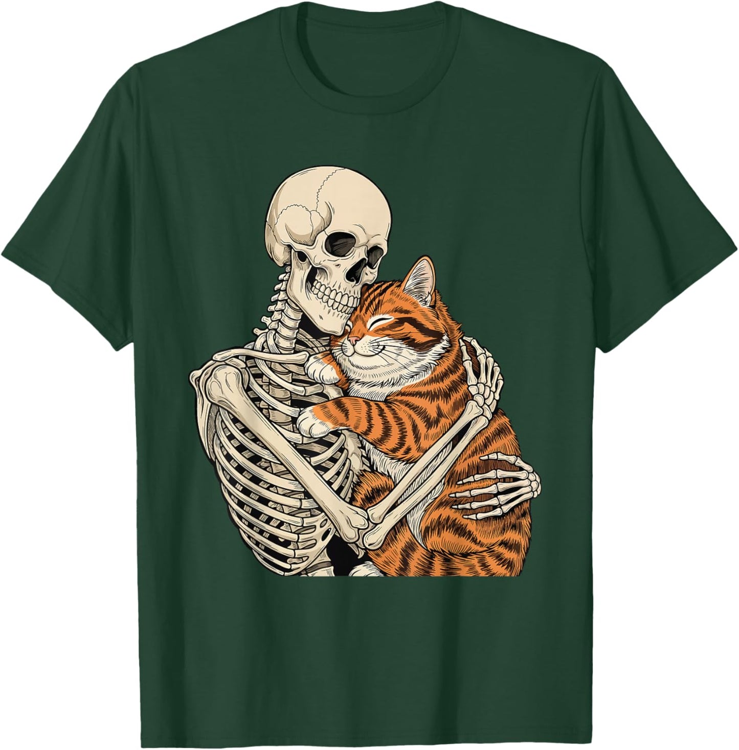 Skeleton Hugging Cat - Spooky Halloween Cat Lover Kitty T-Shirt - T-Shirt | Forest