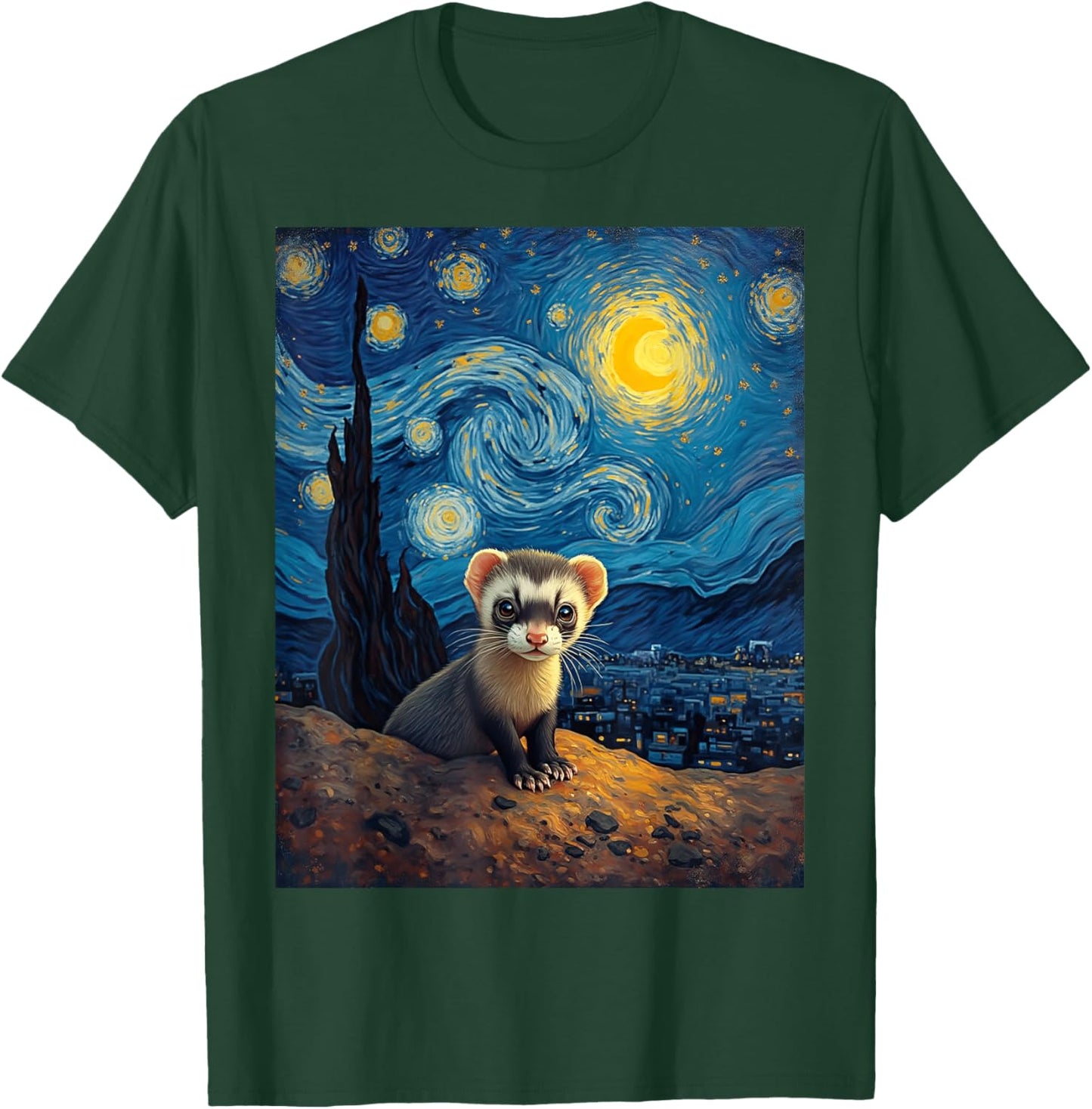 Van Gogh's Starry Night Black-Footed Ferret Prairie Ghost T-Shirt - T-Shirt | Forest