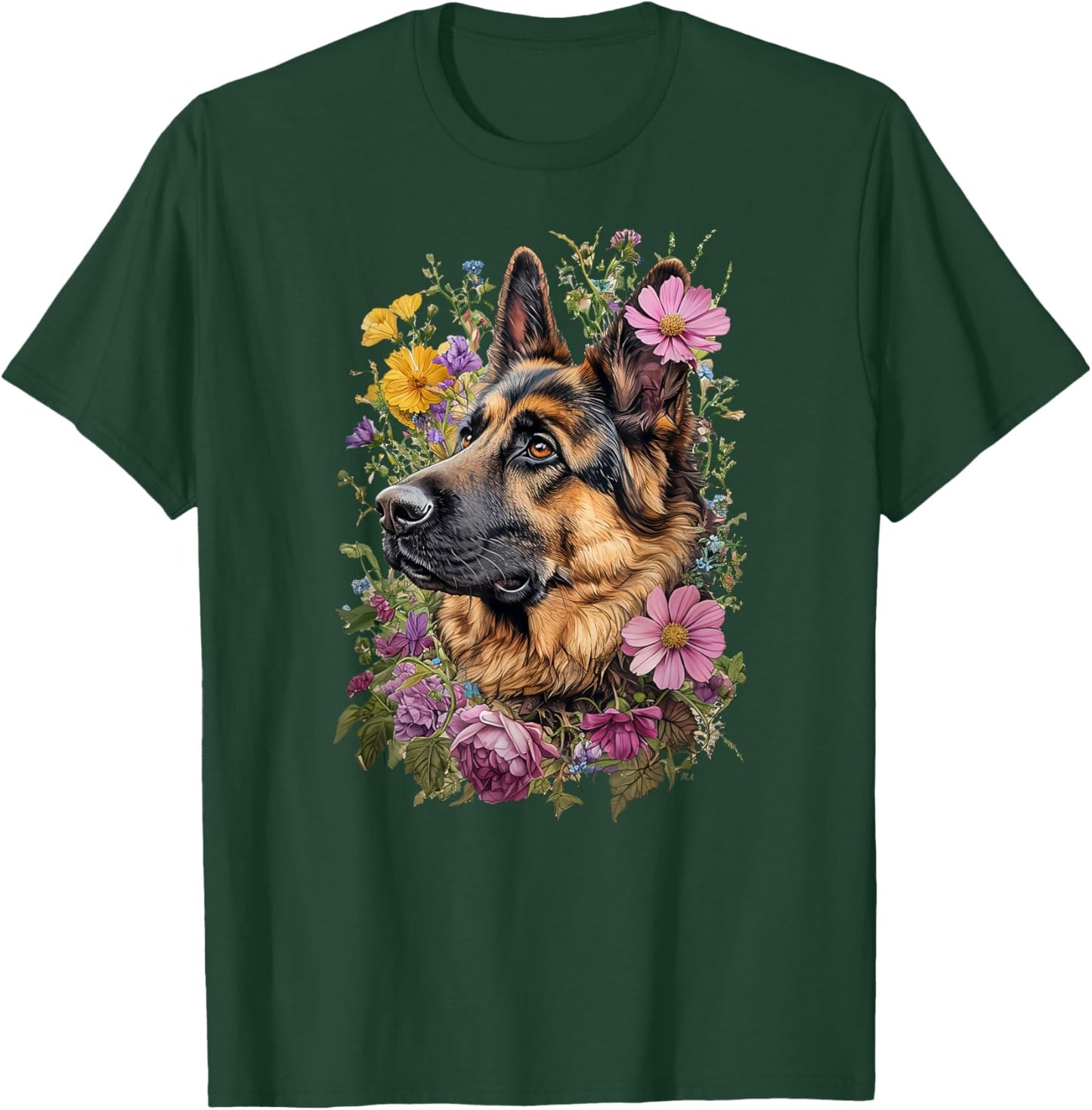 Dog German Shepherd Spring Art Floral Vintage , Black, S T-Shirt - T-Shirt | Forest