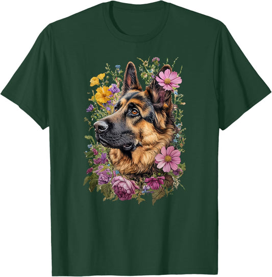 Dog German Shepherd Spring Art Floral Vintage , Black, S T-Shirt - T-Shirt | Forest