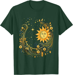 Mystical Sun and Moon with Woman Mystical Flowers Aesthetic T-Shirt - T-Shirt | Forest