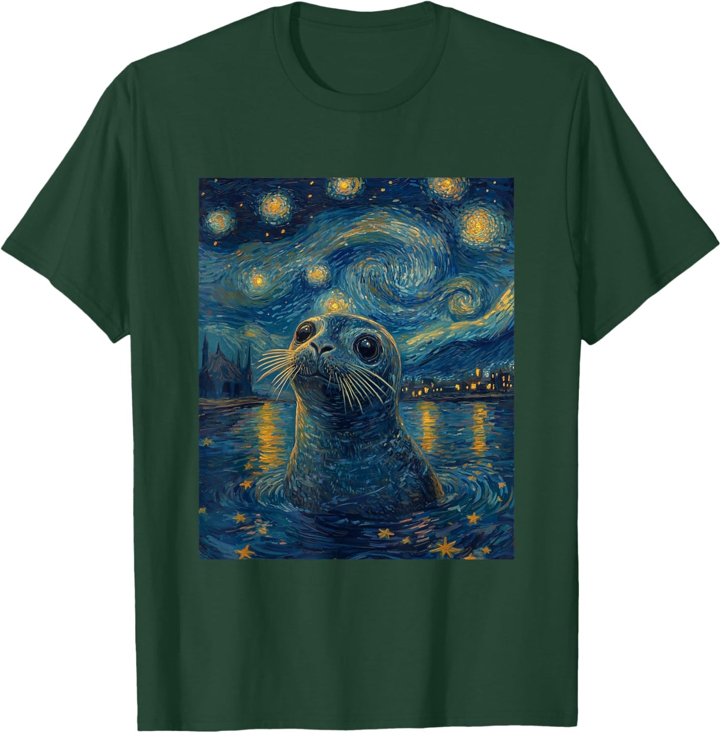Cute Seal Sea Lion - Van Gogh Style - Starry Night Graphic T-Shirt - T-Shirt | Forest