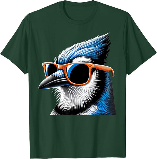 Cool Blue Jay Bird Wearing Sunglasses Graphic Art T-Shirt - T-Shirt | Forest