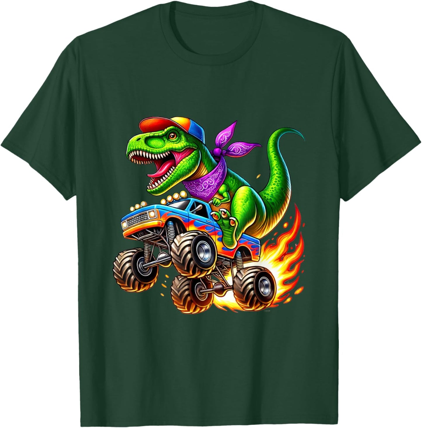 Adventurous Dinosaur On Monster Truck T-Shirt - T-Shirt | Forest