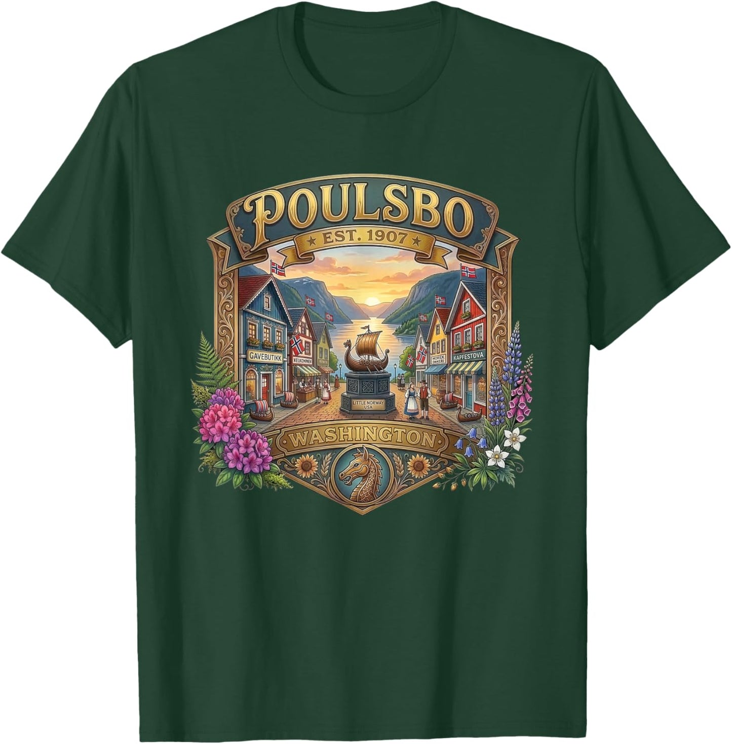 Poulsbo Washington Little Norway Liberty Bay Souvenir T-Shirt - T-Shirt | Forest