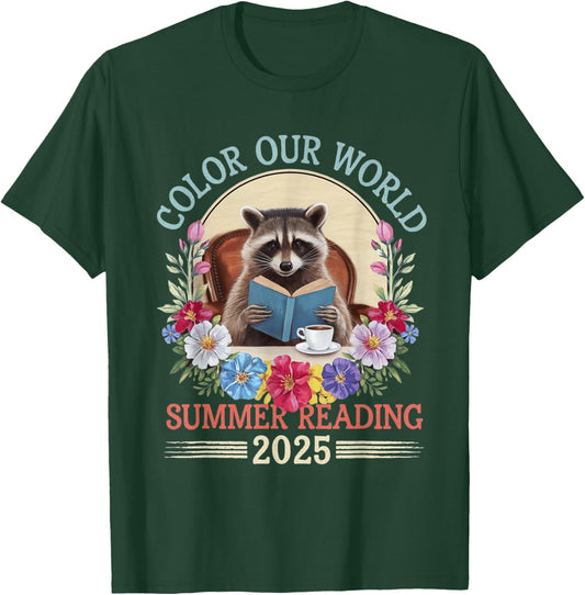 Color Our World Raccoon Summer Reading 2025 T-Shirt - T-Shirt | Forest
