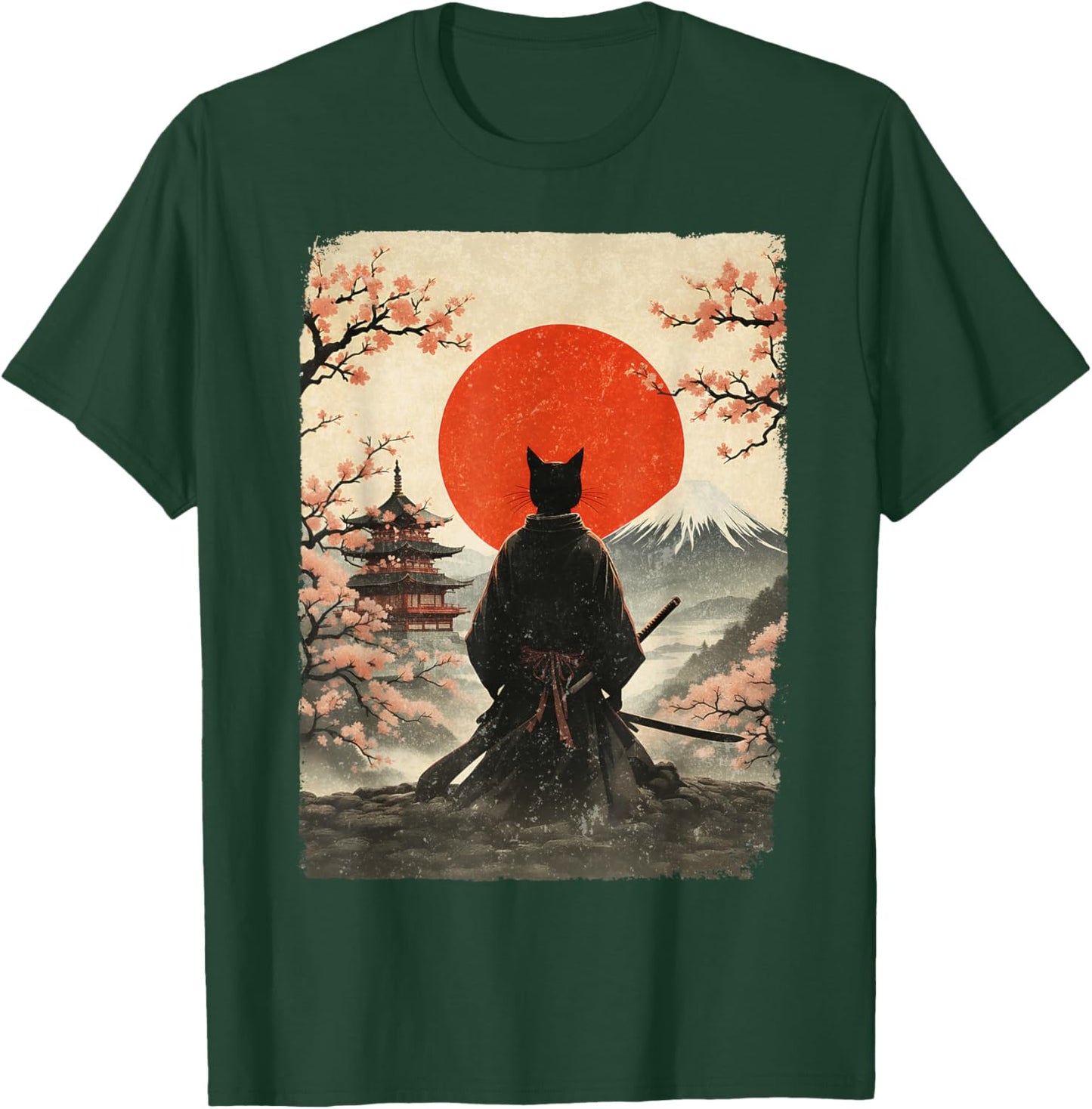 Samurai Cat Warrior Fuji Mount Vintage Japanese Art Graphic T-Shirt - T-Shirt | Forest