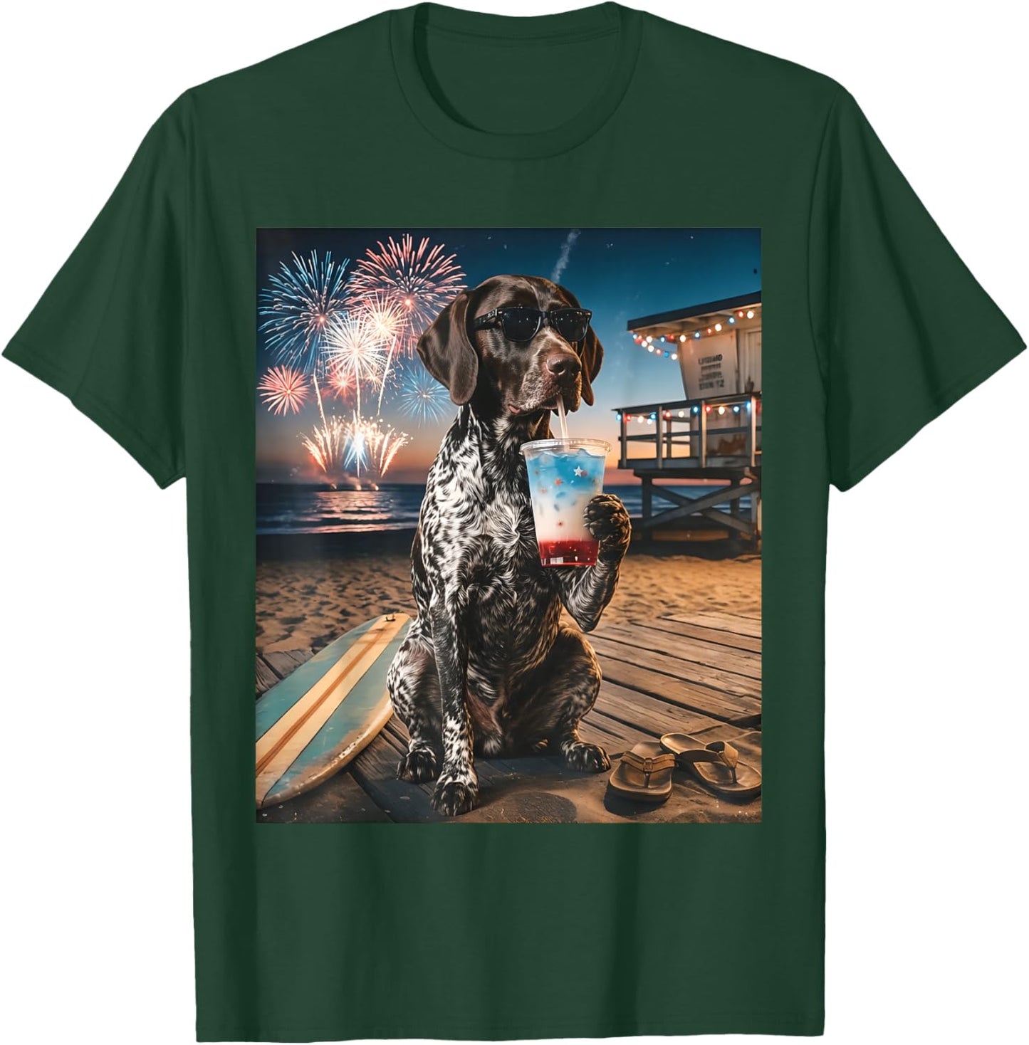 German Shorthaired Pointer Patriotic Beach Fireworks Dog Art T-Shirt - T-Shirt | Forest
