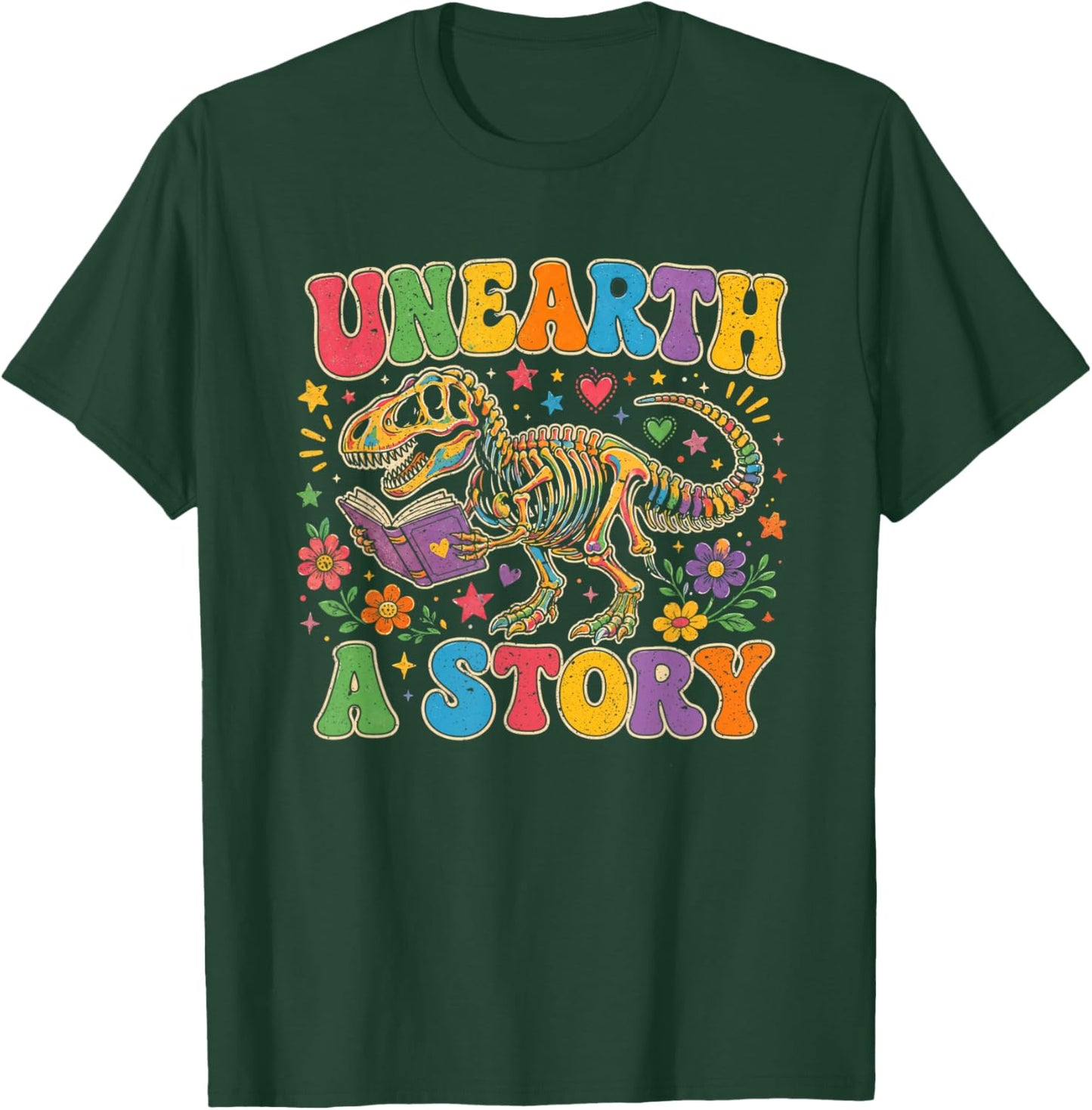 Unearth a Story Summer Library Reading 2026 Dino Skeleton T-Shirt - T-Shirt | Forest