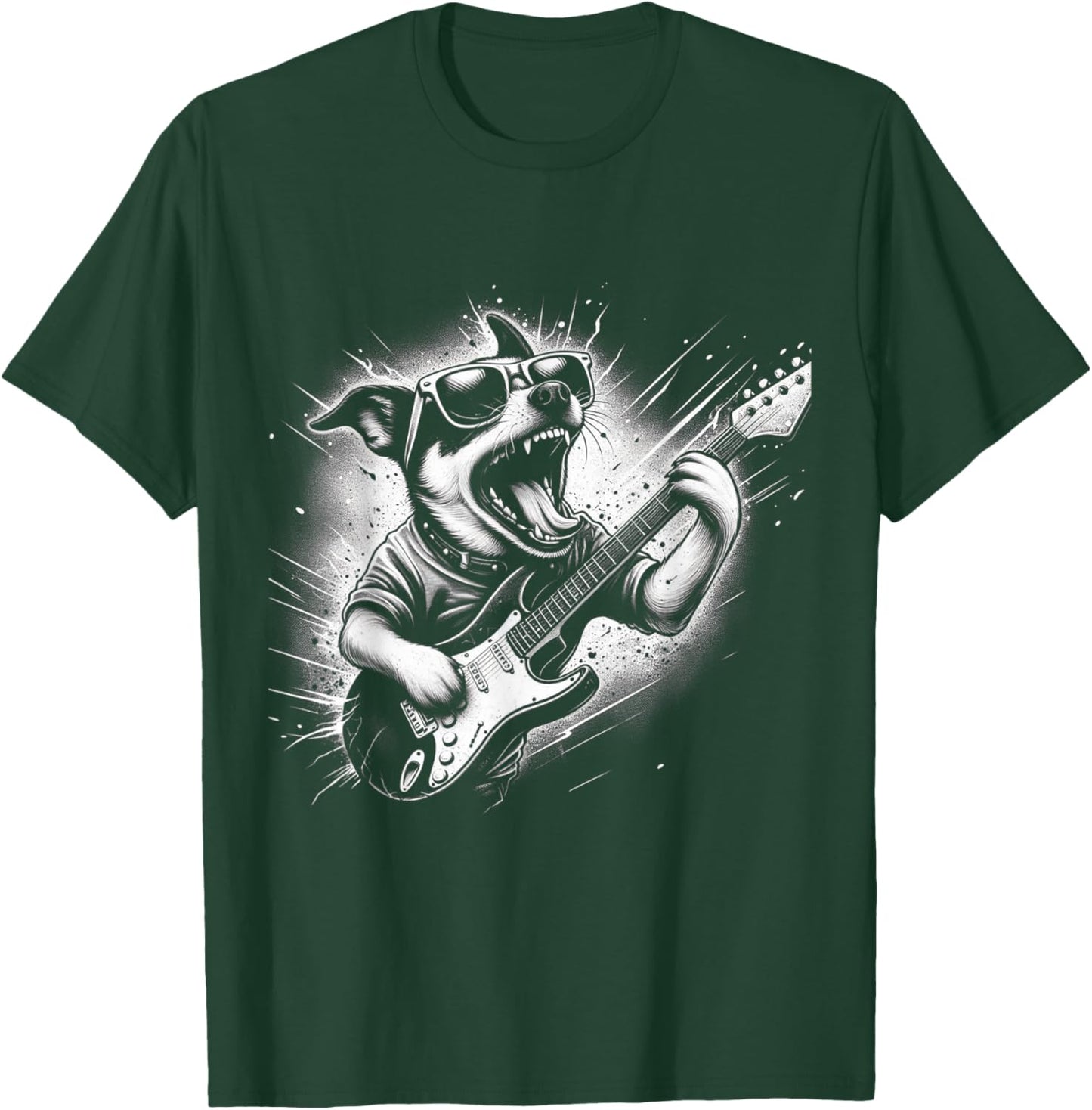 Rock n Roll Dog Cool Dog with Guitar Rock Star Dog Art T-Shirt - T-Shirt | Forest