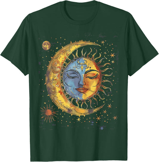 Mystical Sun and Moon with Woman Mystical Flowers Aesthetic T-Shirt - T-Shirt | Forest