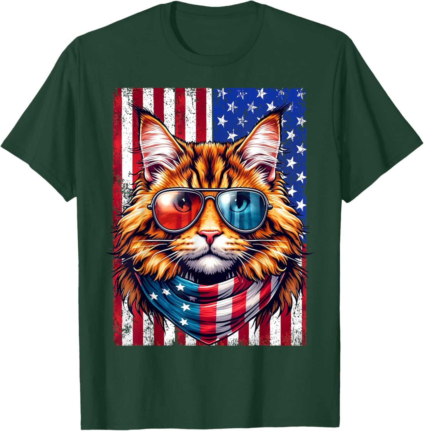 Maine Coon Wearing USA Flag Cat Lover Patriotic 4th of July T-Shirt - T-Shirt | Forest