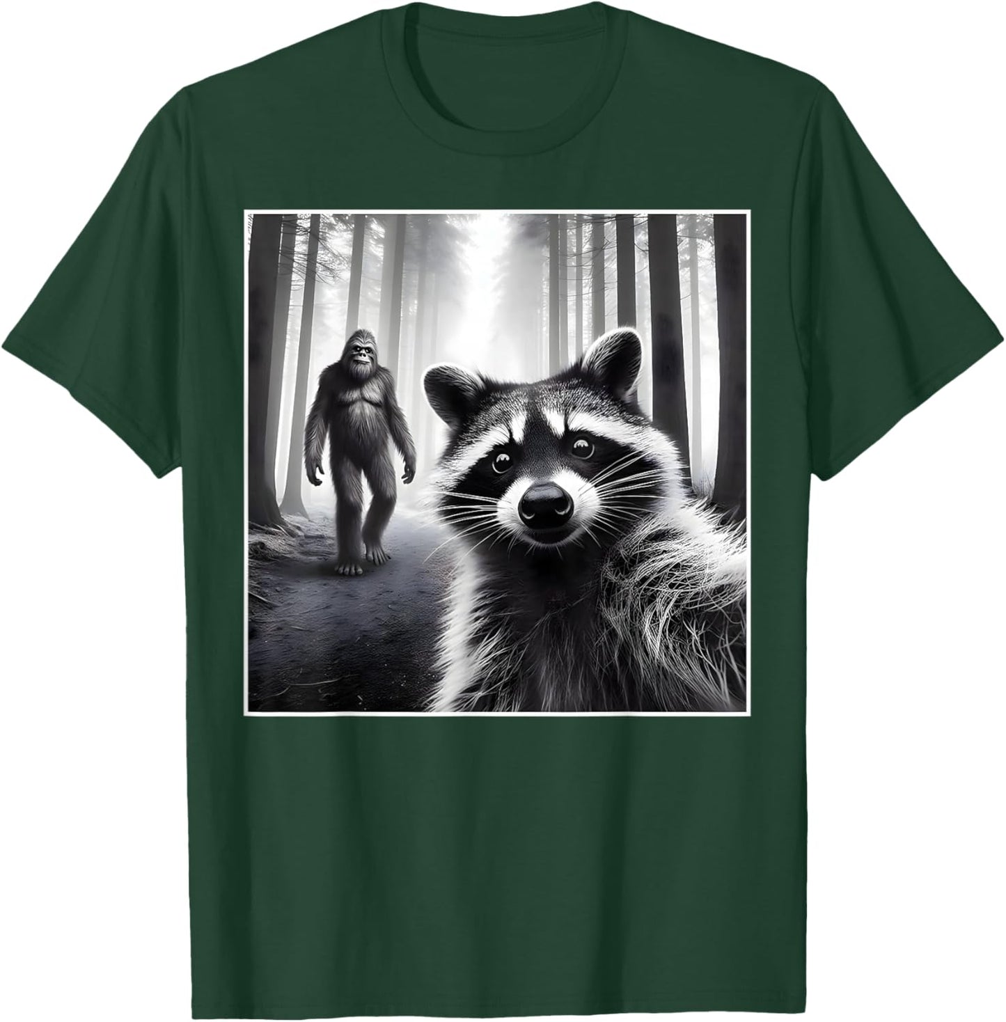Scared Raccoon Selfie with Sasquatch Bigfoot Funny Raccoon T-Shirt - T-Shirt | Forest