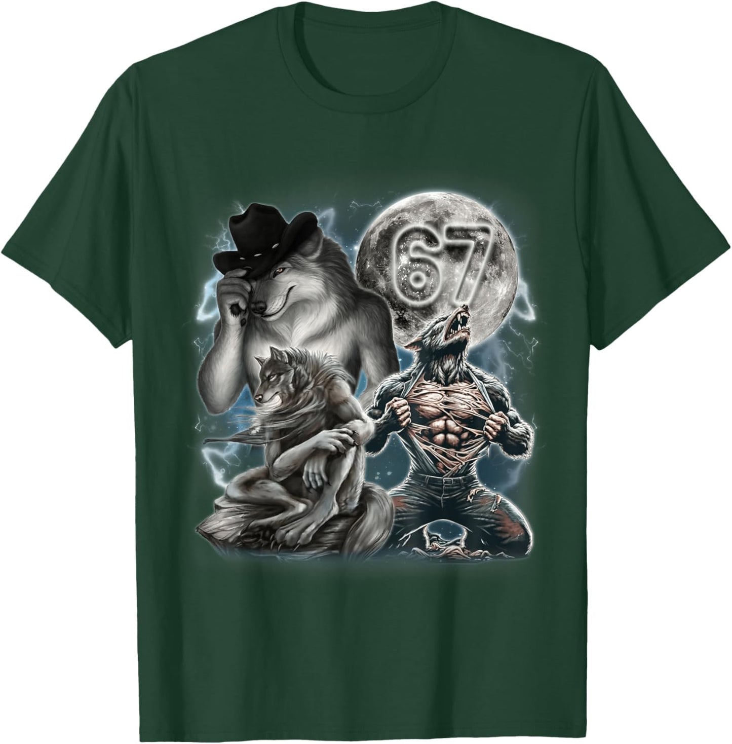 Vintage Alpha Wolf Howling at The Moon 67 Six Seven Meme T-Shirt - T-Shirt | Forest