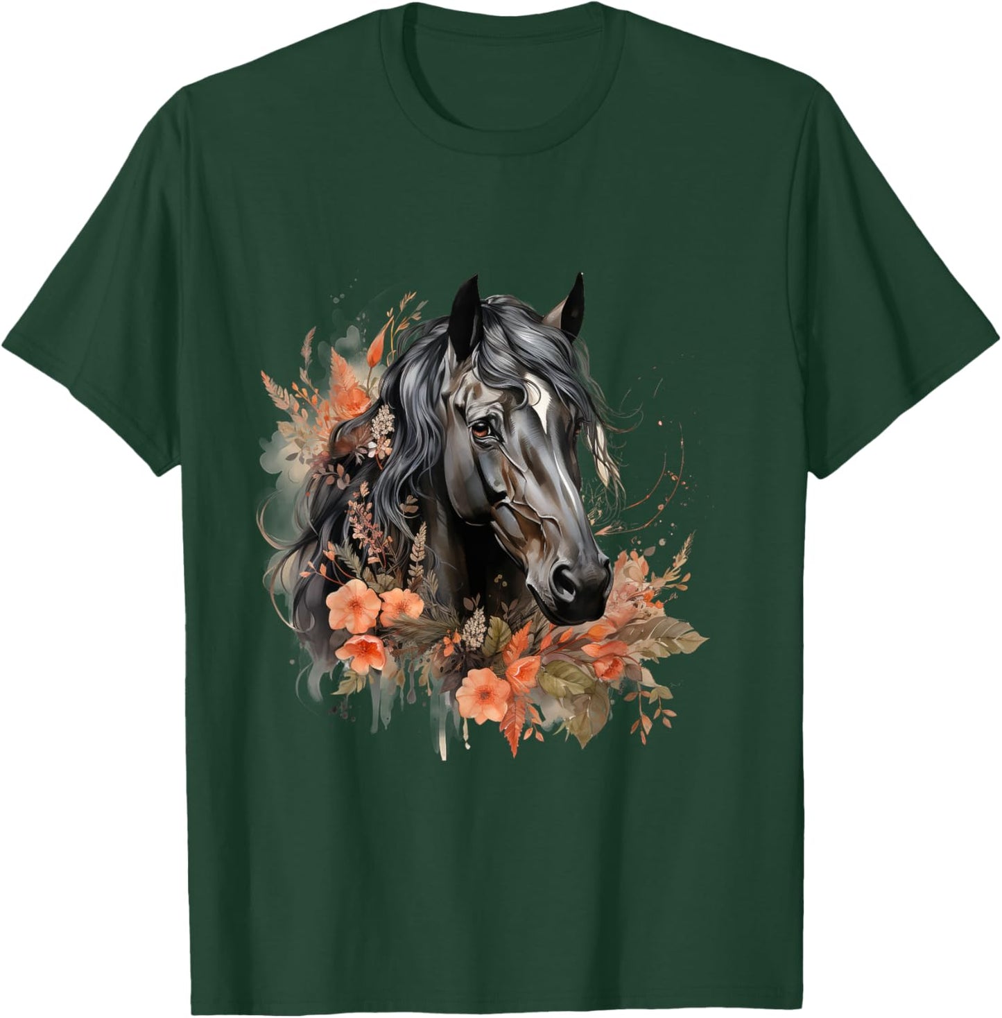 Floral Wild Horse Country Horse Riding , Small, Black T-Shirt - T-Shirt | Forest