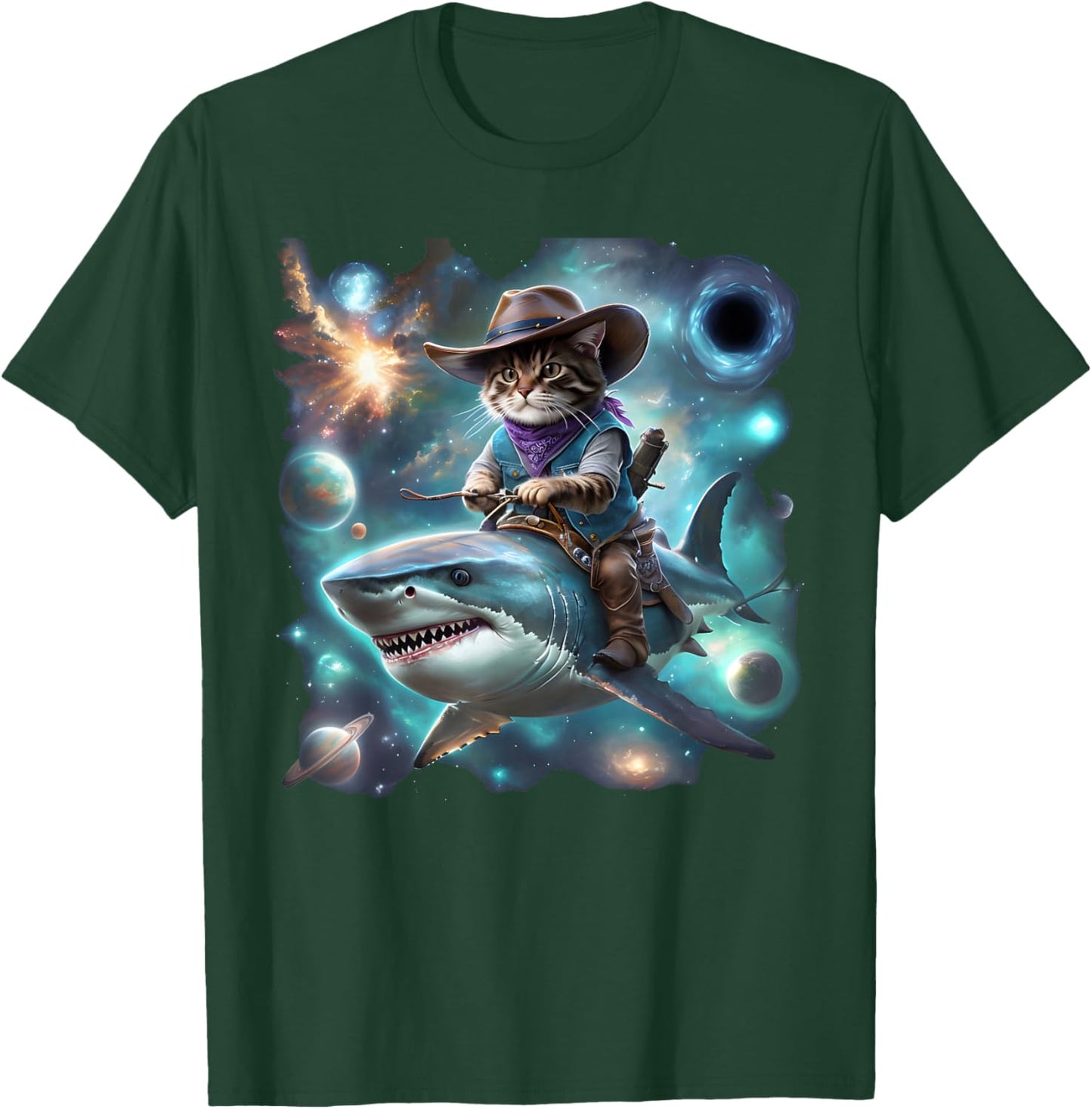 Cat Riding Shark Rainbow Galaxy Cat Cowboy Shark Humor T-Shirt - T-Shirt | Forest