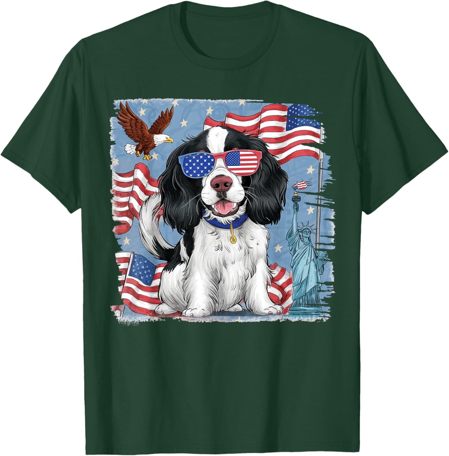 English Springer Spaniel Dog with American Flag 4th of July Women Kids Men T-Shirt - T-Shirt | Forest