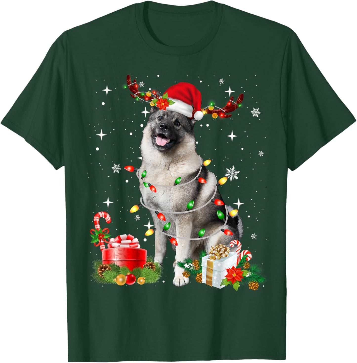 Funny Norwegian Elkhound Santa Hat Christmas Lights Pajama T-Shirt - T-Shirt | Forest