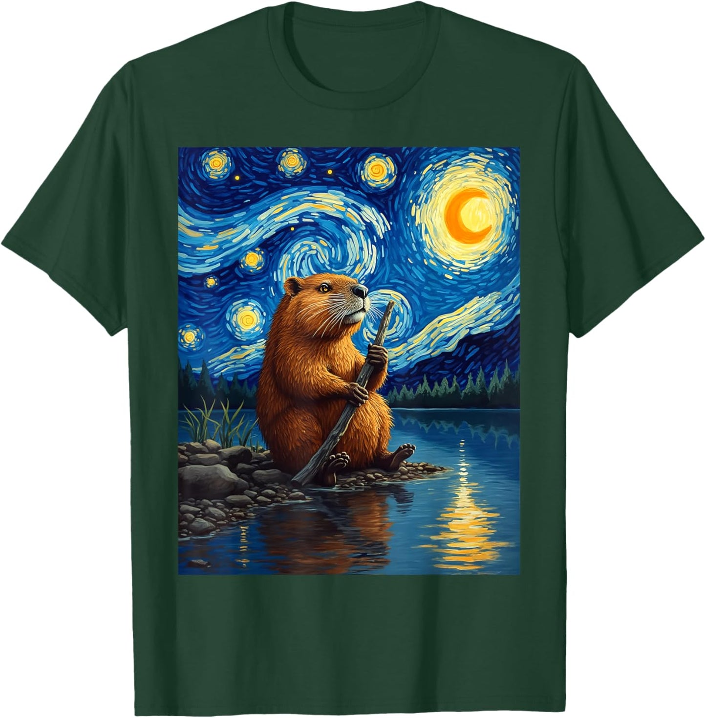 Van Gogh's Starry Night Beaver River Wildlife Art T-Shirt - T-Shirt | Forest